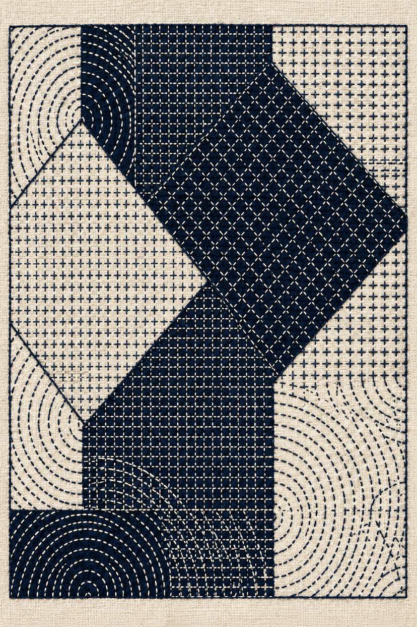 Angular patchwork and quarter circle sashiko, rendered as fine cotton hand embroidery. Scandinavian, Sashiko and Northern Minimal Stitch, Book 2.