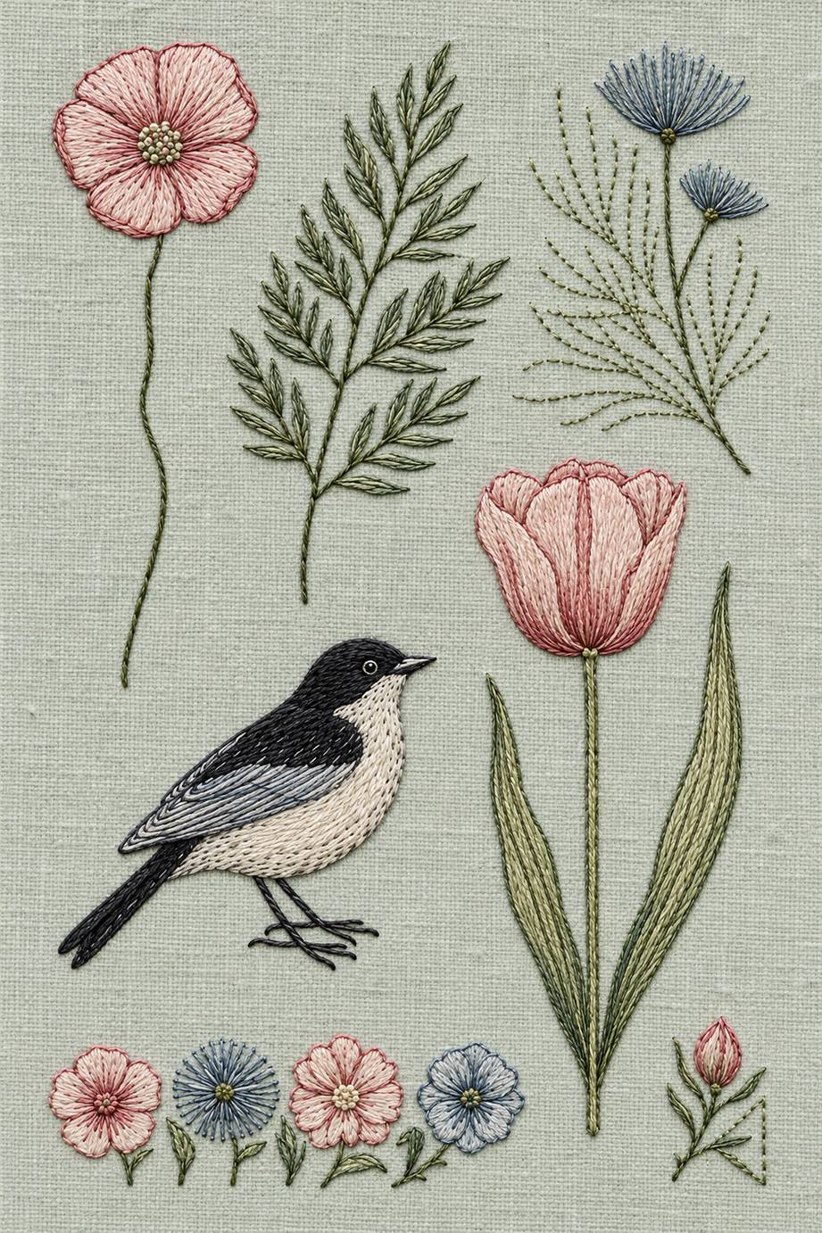 botanical bird and flower sampler, rendered as fine cotton hand embroidery. Scandinavian, Sashiko and Northern Minimal Stitch, Book Two.