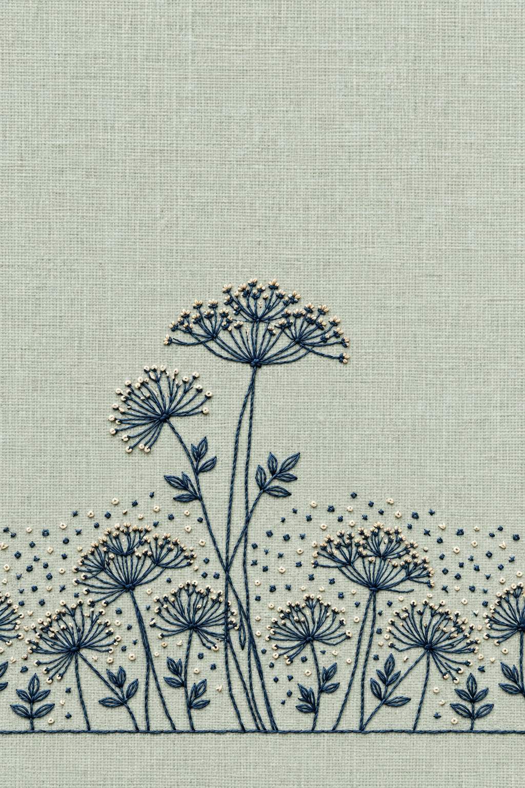 delicate umbel field border, rendered as fine cotton hand embroidery. Scandinavian, Sashiko and Northern Minimal Stitch, Book Two.