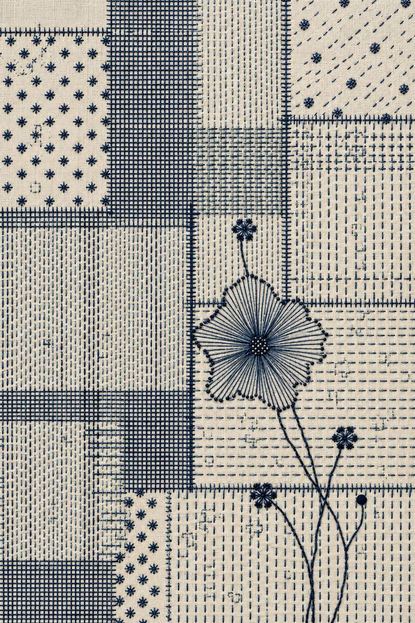 mending grid with radial flower, rendered as fine cotton hand embroidery. Scandinavian, Sashiko and Northern Minimal Stitch, Book Two.