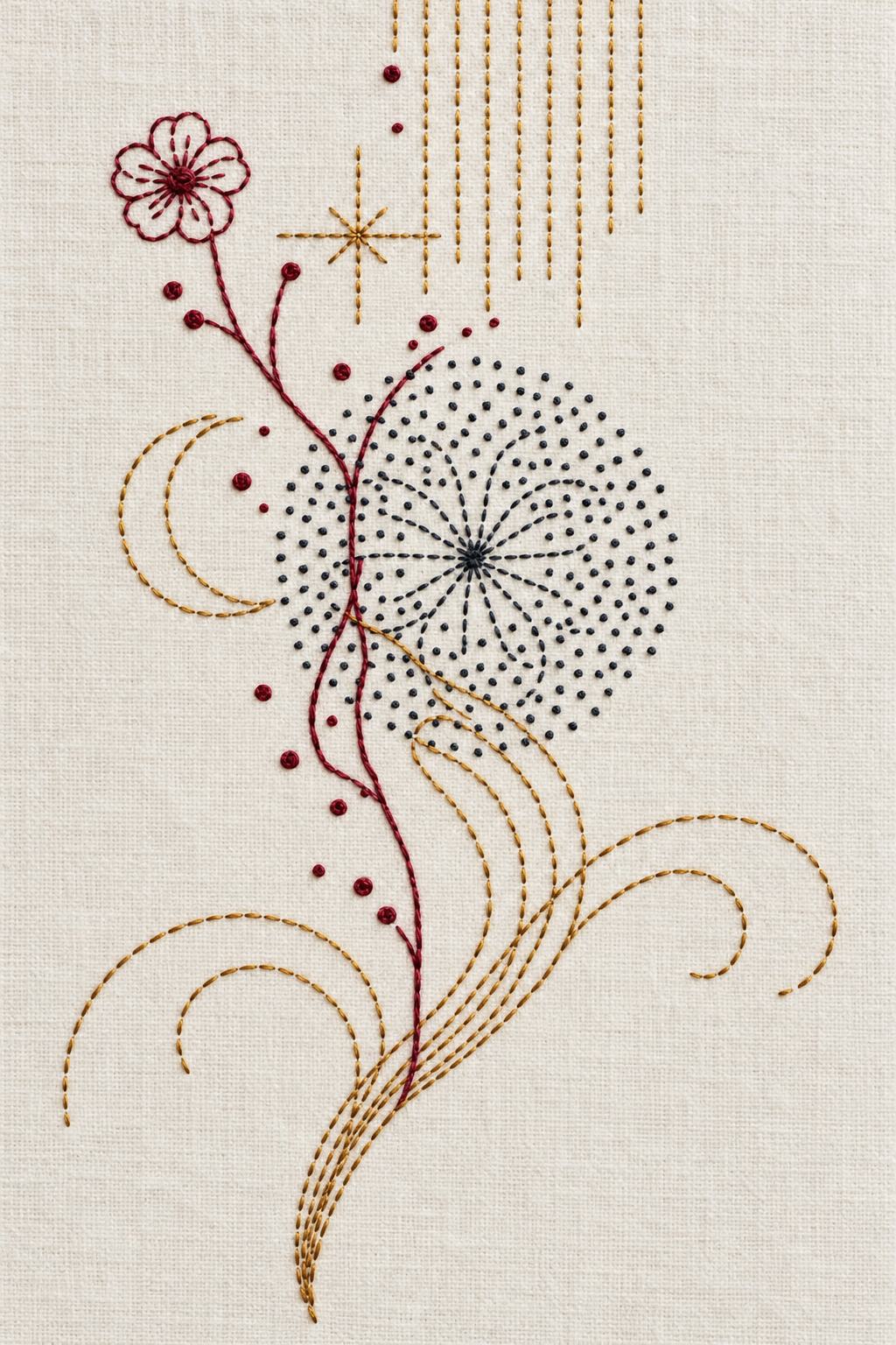 Minimal abstract flower and seedhead, rendered as fine cotton hand embroidery. Scandinavian, Sashiko and Northern Minimal Stitch, Book 2.