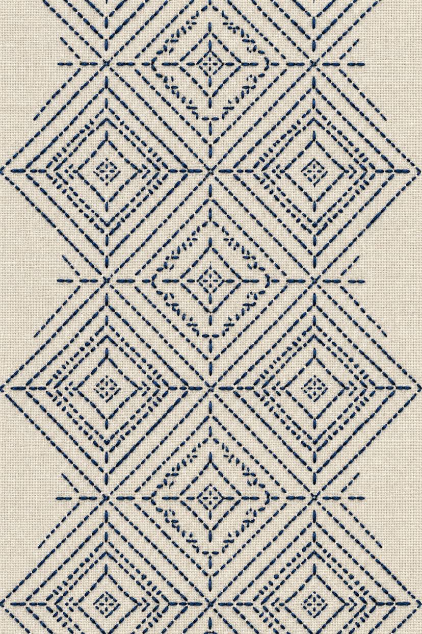 Nested diamond sashiko grid, rendered as fine cotton hand embroidery. Scandinavian, Sashiko and Northern Minimal Stitch, Book 2.