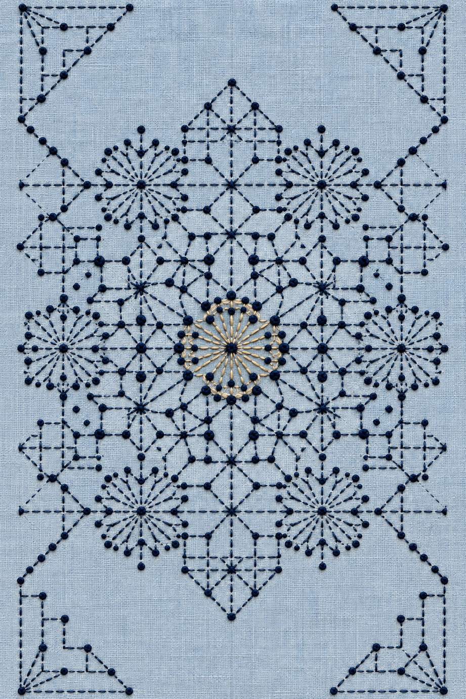 radial daisy diamond geometric panel, rendered as fine cotton hand embroidery. Scandinavian, Sashiko and Northern Minimal Stitch, Book Two.