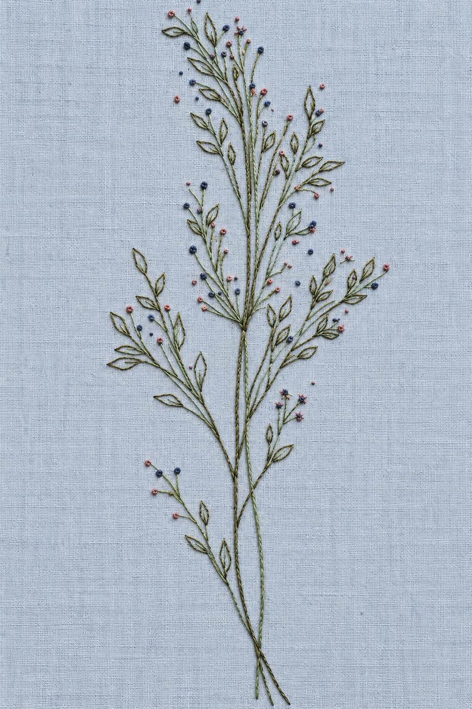 slender leaf and bud spray, rendered as fine cotton hand embroidery. Scandinavian, Sashiko and Northern Minimal Stitch, Book Two.