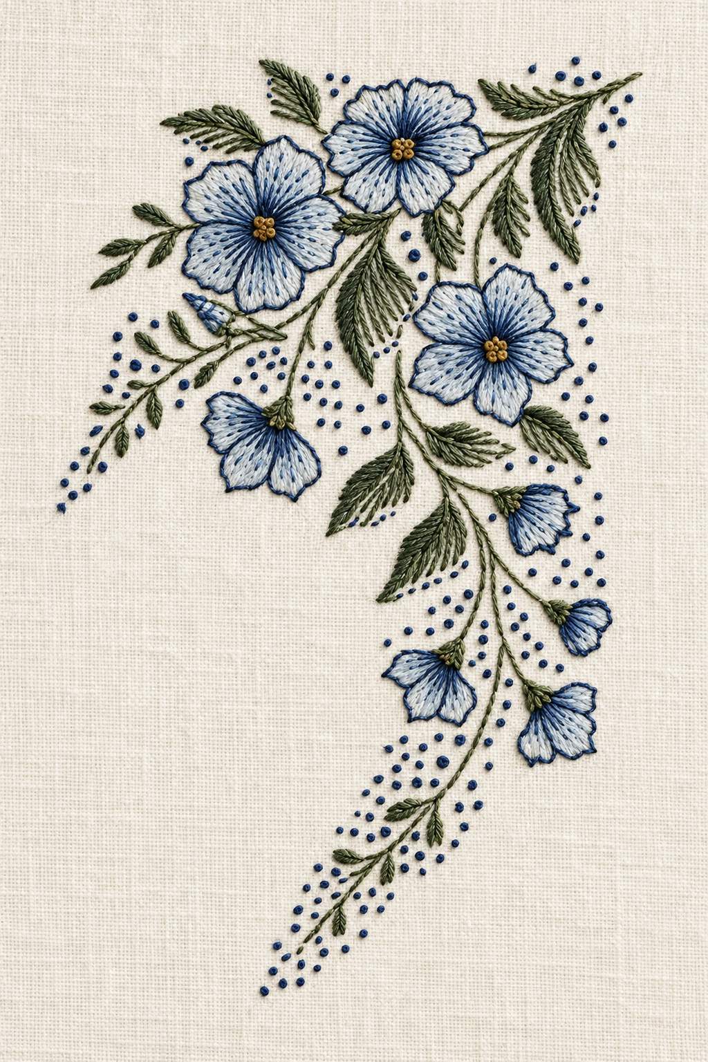 Three flower and bell trailing corner, rendered as fine cotton hand embroidery. Scandinavian, Sashiko and Northern Minimal Stitch, Book 2.