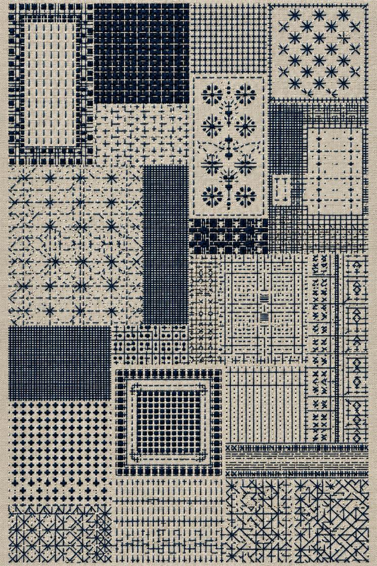 visible mending geometric patch sampler, rendered as fine cotton hand embroidery. Scandinavian, Sashiko and Northern Minimal Stitch, Book Two.