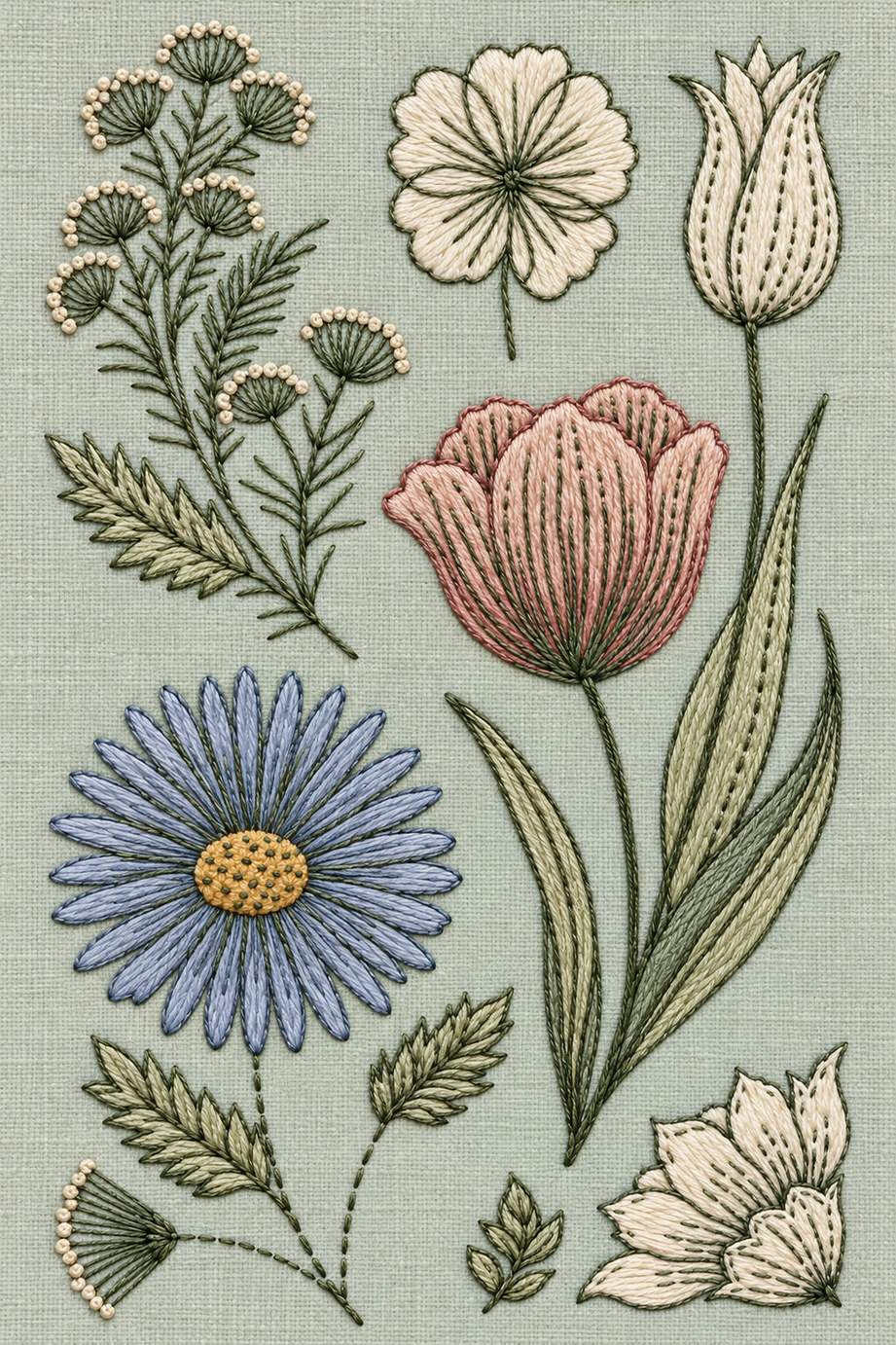 Daisy tulip and umbel botanical sampler, rendered as fine cotton hand embroidery. Scandinavian, Sashiko and Northern Minimal Stitch, Book 3.