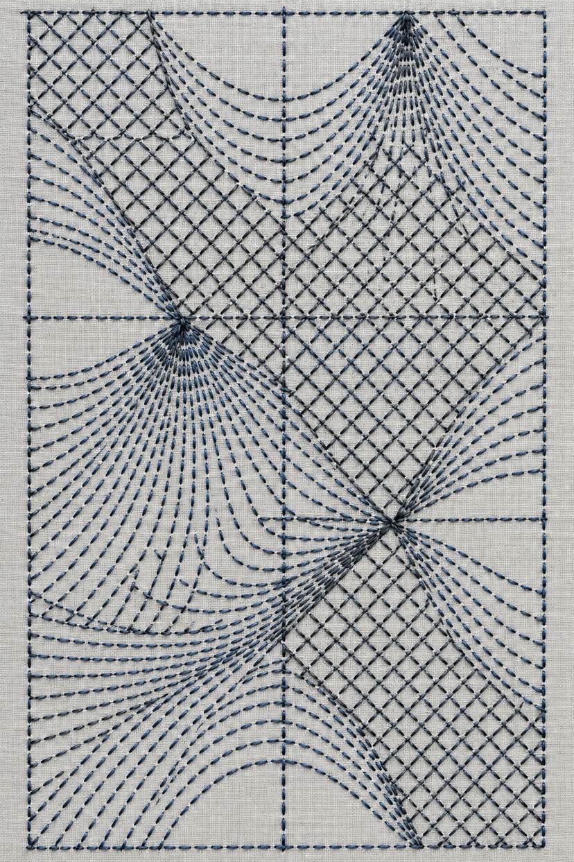 Flowing curved grid sashiko panel, rendered as fine cotton hand embroidery. Scandinavian, Sashiko and Northern Minimal Stitch, Book 3.