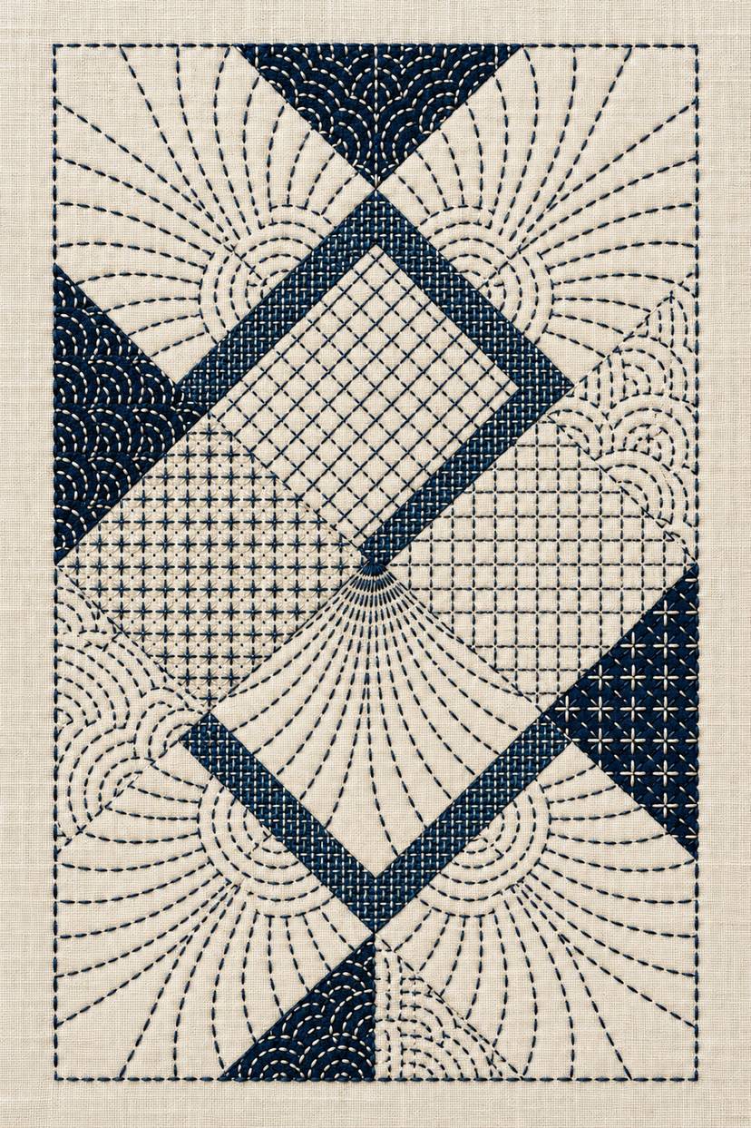Overlapping diamond and radiating patchwork, rendered as fine cotton hand embroidery. Scandinavian, Sashiko and Northern Minimal Stitch, Book 3.