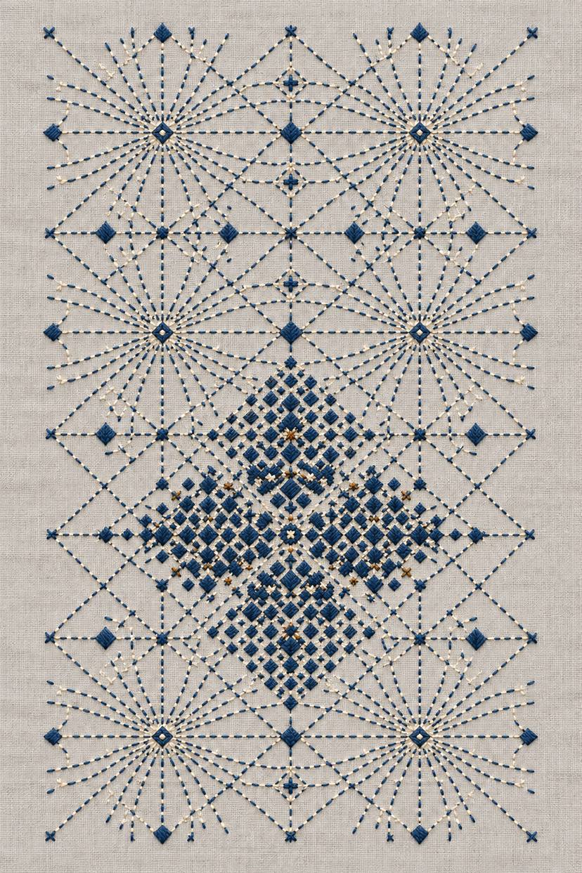 Radiating star and diamond sashiko panel, rendered as fine cotton hand embroidery. Scandinavian, Sashiko and Northern Minimal Stitch, Book 3.