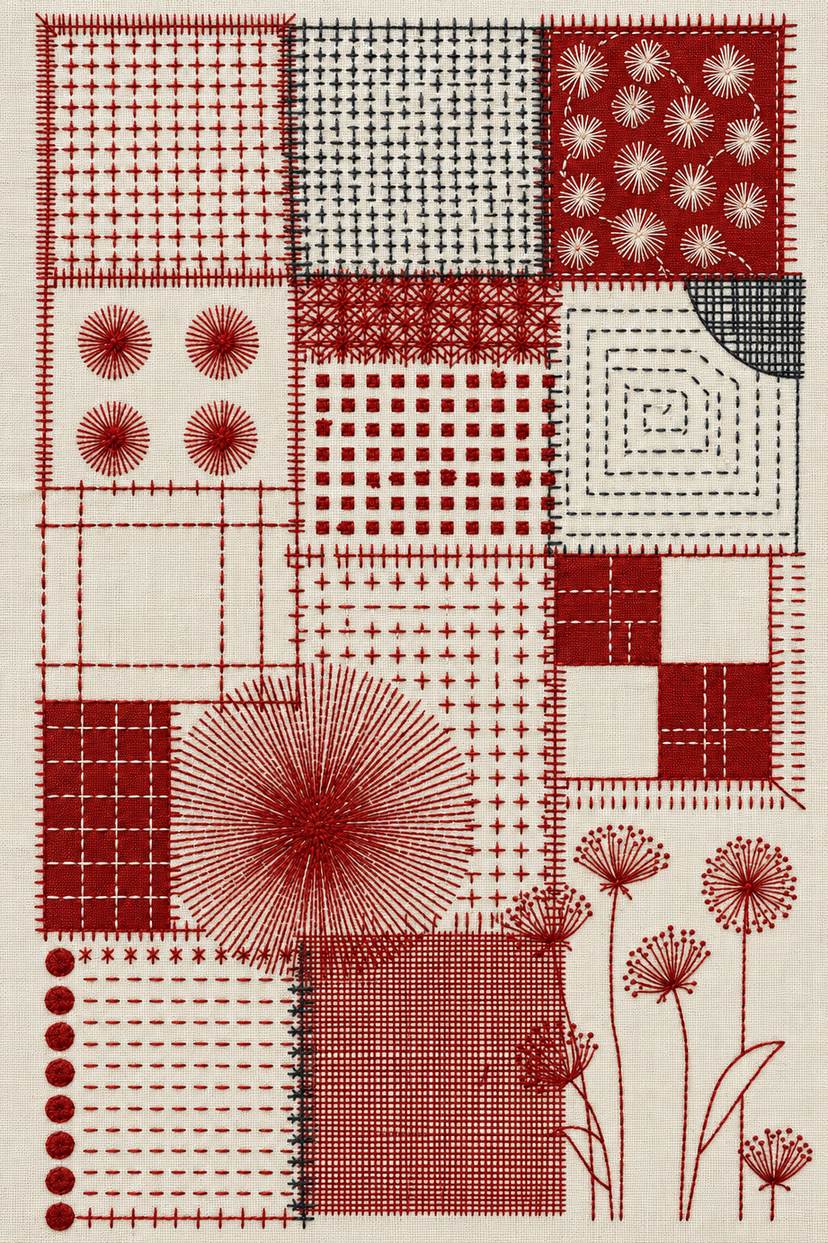 Red black geometric mending sampler, rendered as fine cotton hand embroidery. Scandinavian, Sashiko and Northern Minimal Stitch, Book 3.