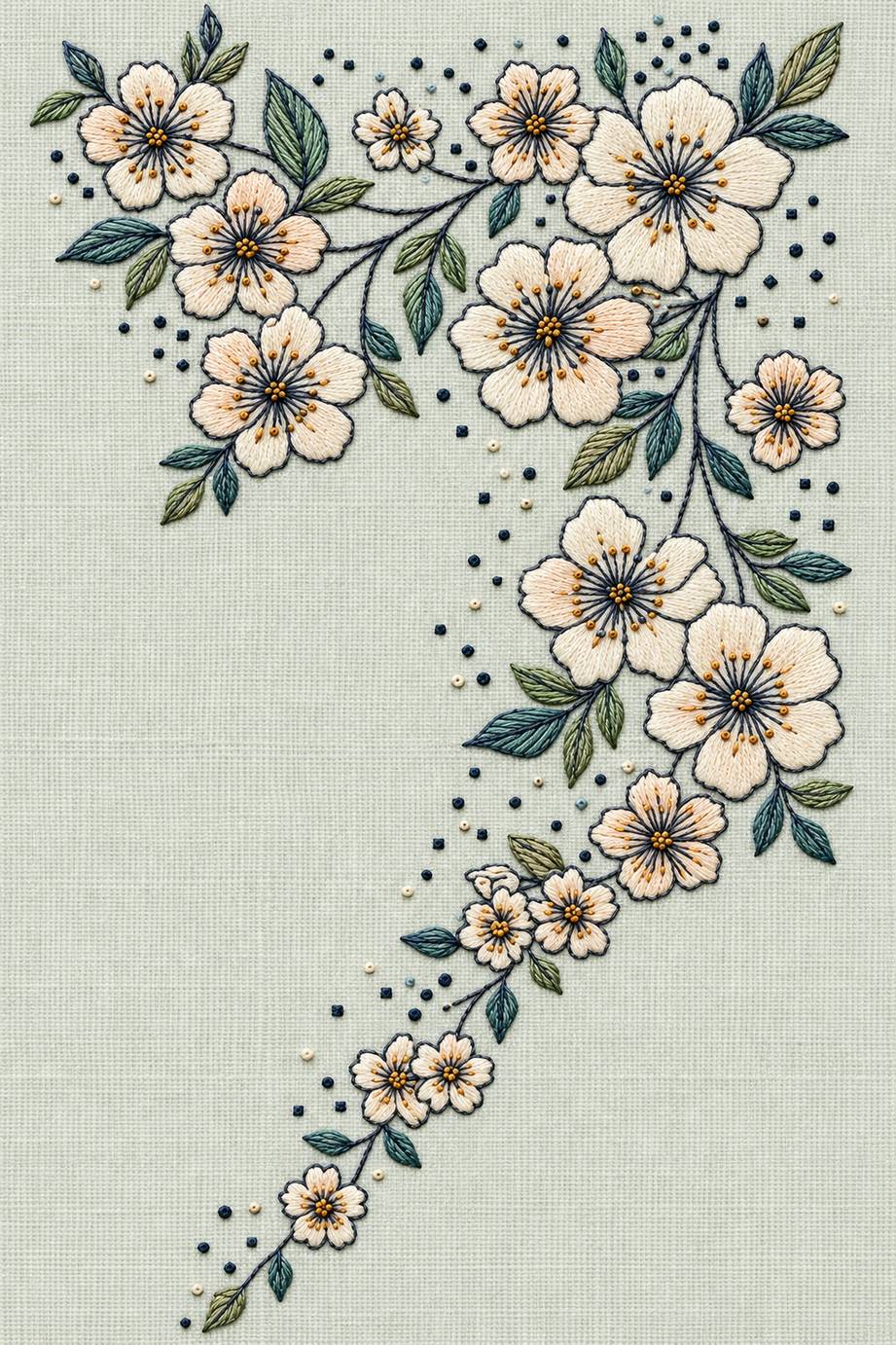 Trailing five petal floral corner, rendered as fine cotton hand embroidery. Scandinavian, Sashiko and Northern Minimal Stitch, Book 3.