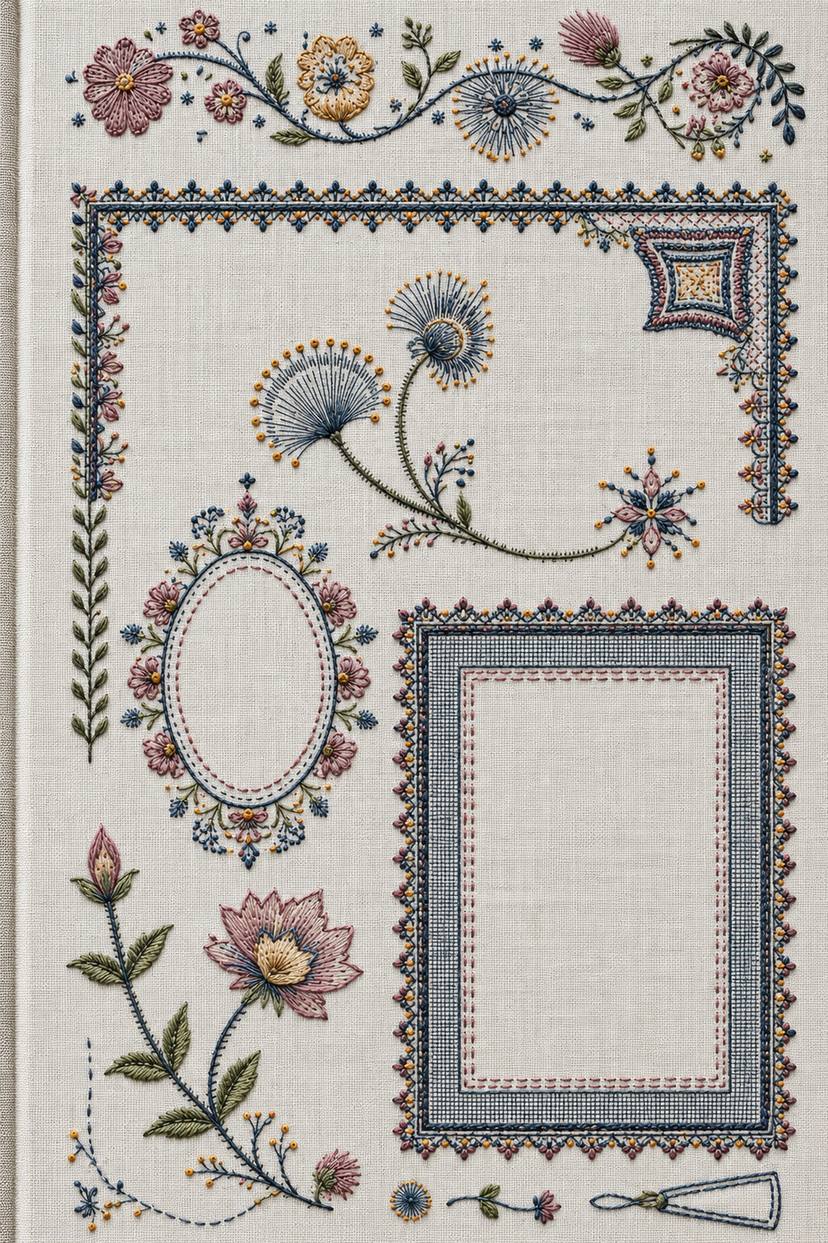 Floral borders and ornamental frame sampler, rendered as fine cotton hand embroidery. Scandinavian, Sashiko and Northern Minimal Stitch, Book 4.