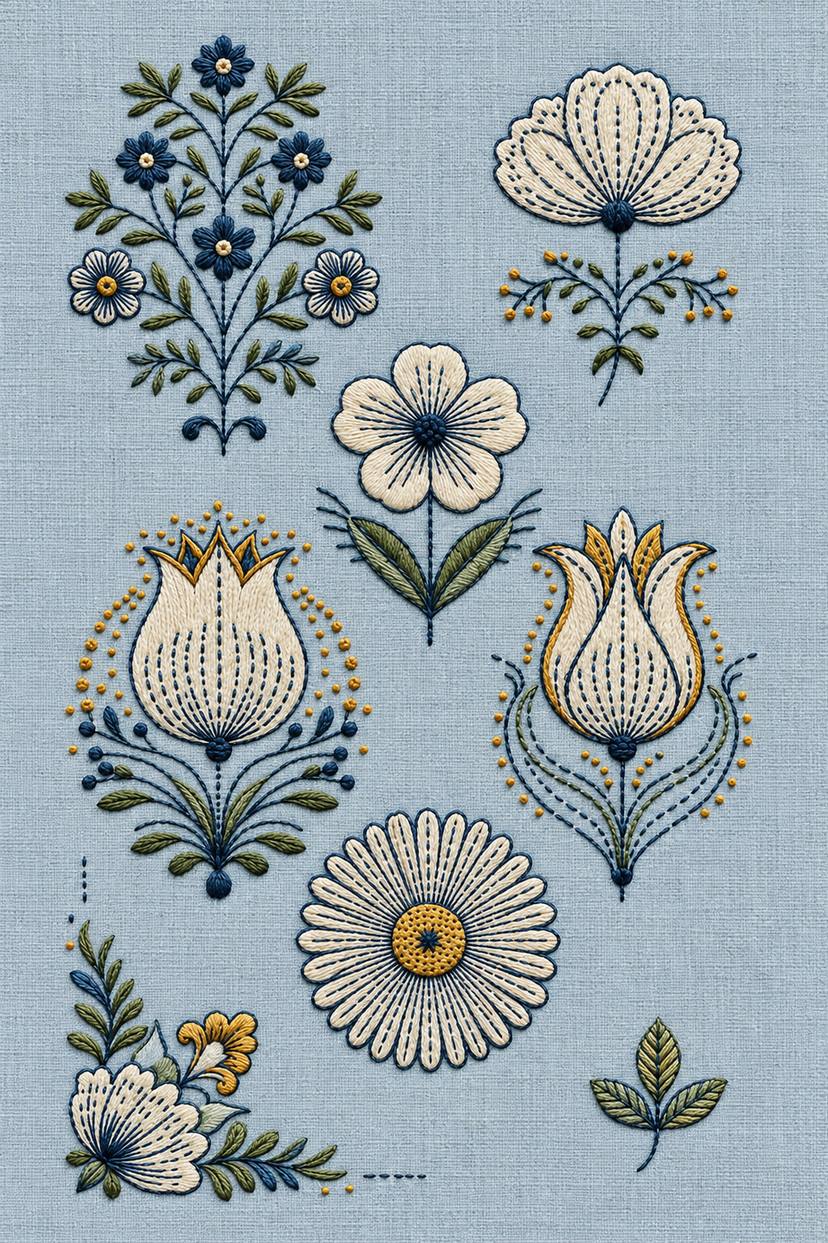 Nordic flower and tulip motif sampler, rendered as fine cotton hand embroidery. Scandinavian, Sashiko and Northern Minimal Stitch, Book 4.