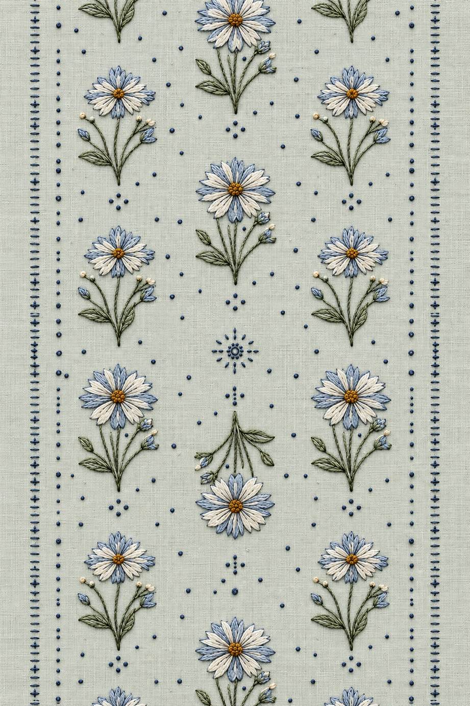 Repeated daisy sprigs and stitched borders, rendered as fine cotton hand embroidery. Scandinavian, Sashiko and Northern Minimal Stitch, Book 4.