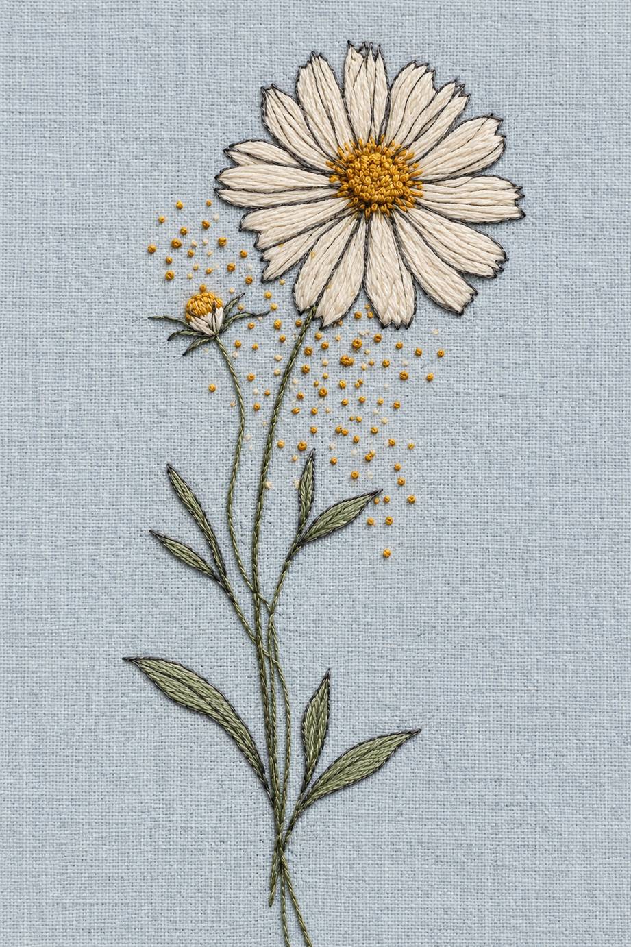 Single daisy and golden seed scatter, rendered as fine cotton hand embroidery. Scandinavian, Sashiko and Northern Minimal Stitch, Book 4.