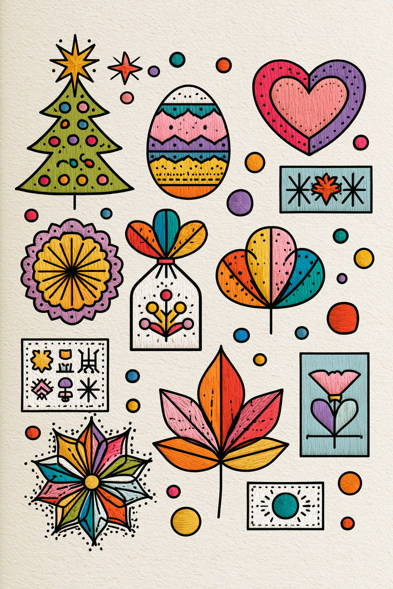 Seasonal Gift And Decorative Playful from Color Pop Patches & Playful Motifs Book 1, a digital embroidery design reference for machine embroidery designs, embroidery patterns and seasonal embroidery motifs.