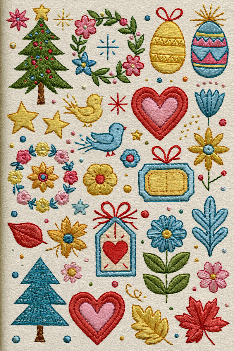 Seasonal Gift Appliqu Library Plate from Appliqué Compatible Designs Book 1, a digital embroidery design reference for machine embroidery designs, embroidery patterns and seasonal embroidery motifs.