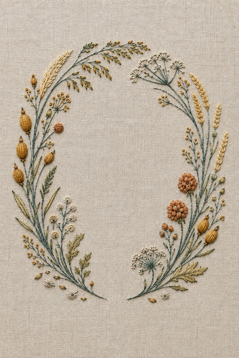 Illustrative embroidery design: Pods, spikelets, umbels and grasses follow a circle with a lower-centre opening.