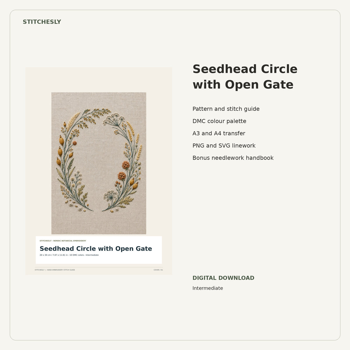 Seedhead Circle with Open Gate PDF stitch guide cover, pattern files and bonus needlework handbook.