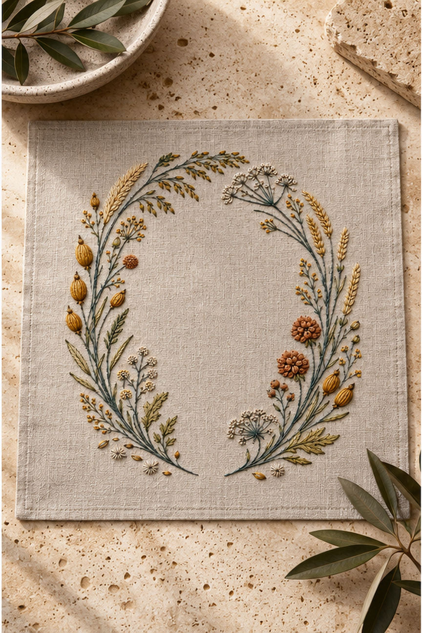 Botanical textile flat lay mockup featuring the Seedhead Circle with Open Gate hand embroidery design. Pods, spikelets, umbels and grasses follow a circle with a lower-centre opening.