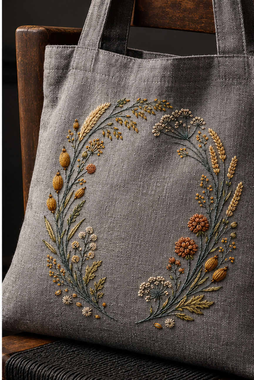 Linen tote bag mockup featuring the Seedhead Circle with Open Gate hand embroidery design. Pods, spikelets, umbels and grasses follow a circle with a lower-centre opening.