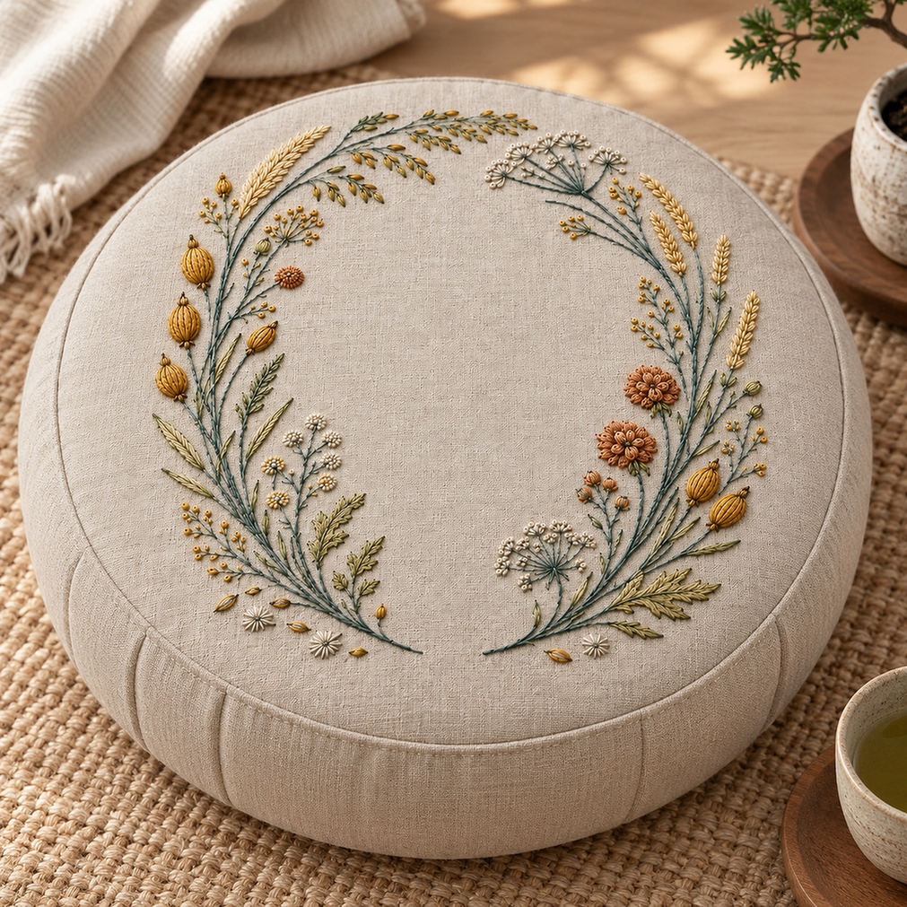 Round linen cushion mockup featuring the Seedhead Circle with Open Gate hand embroidery design. Pods, spikelets, umbels and grasses follow a circle with a lower-centre opening.