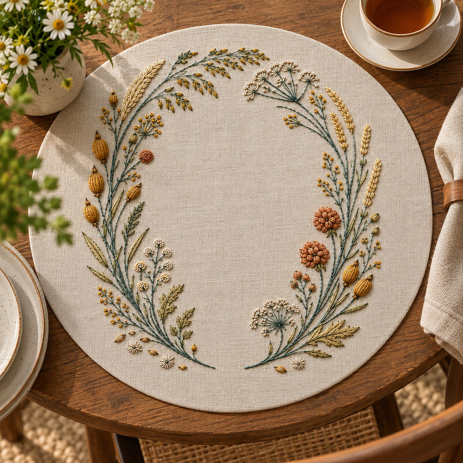 Round linen cushion on a chair mockup featuring the Seedhead Circle with Open Gate hand embroidery design. Pods, spikelets, umbels and grasses follow a circle with a lower-centre opening.