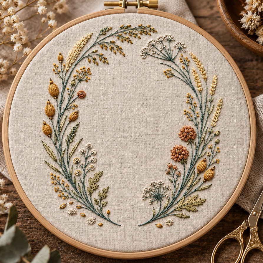 Embroidery hoop mockup featuring the Seedhead Circle with Open Gate hand embroidery design. Pods, spikelets, umbels and grasses follow a circle with a lower-centre opening.
