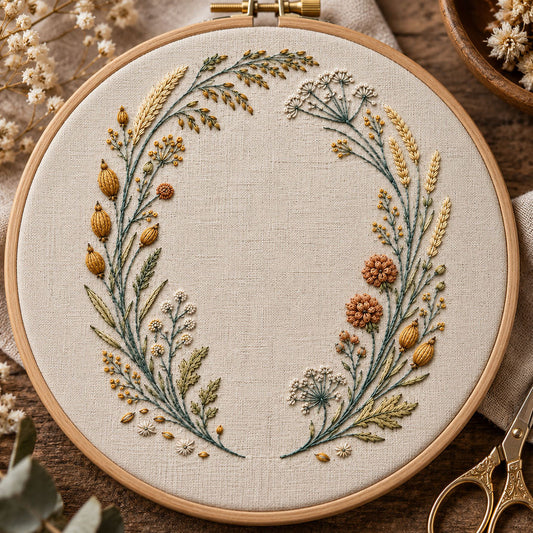 Embroidery hoop mockup featuring the Seedhead Circle with Open Gate hand embroidery design. Pods, spikelets, umbels and grasses follow a circle with a lower-centre opening.