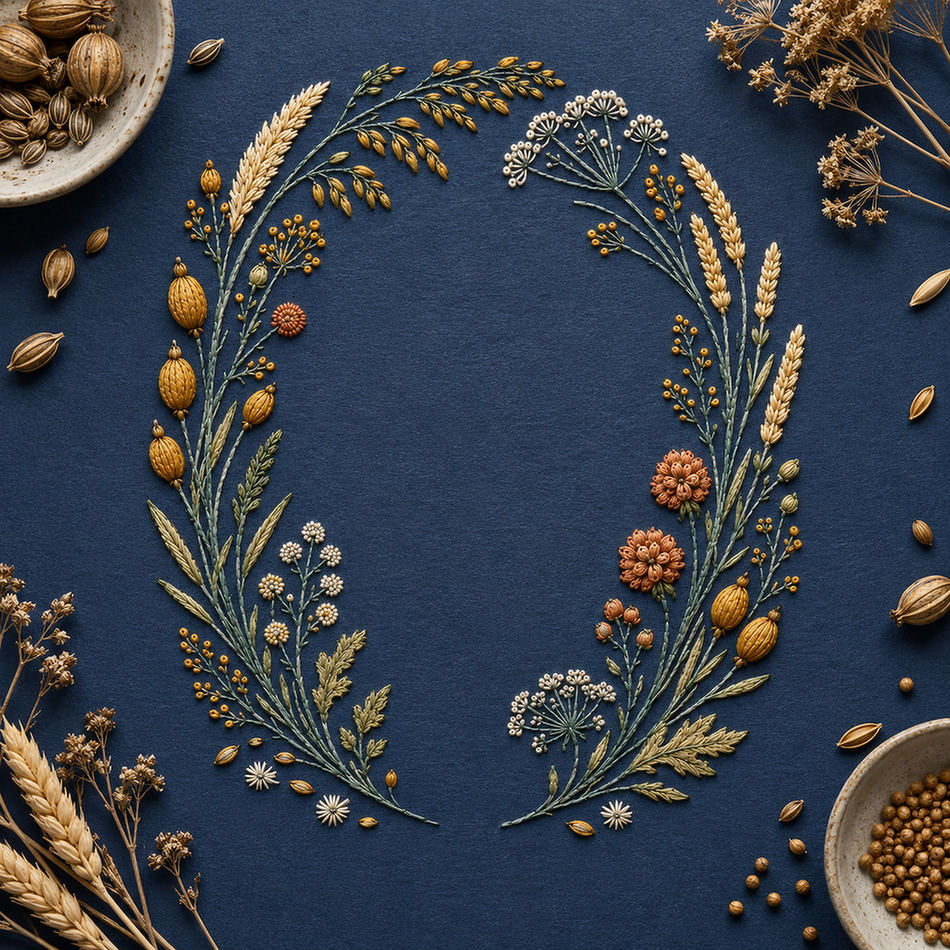 Navy botanical textile mockup featuring the Seedhead Circle with Open Gate hand embroidery design. Pods, spikelets, umbels and grasses follow a circle with a lower-centre opening.