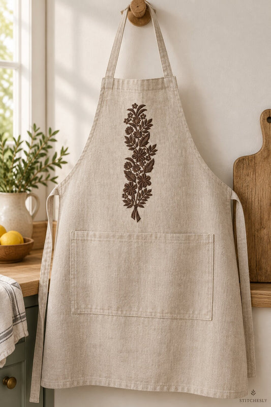 Generated usage mockup of a linen kitchen apron with the ribbon tied meadow bouquet machine embroidery motif in one rich muted dark sepia brown thread color.