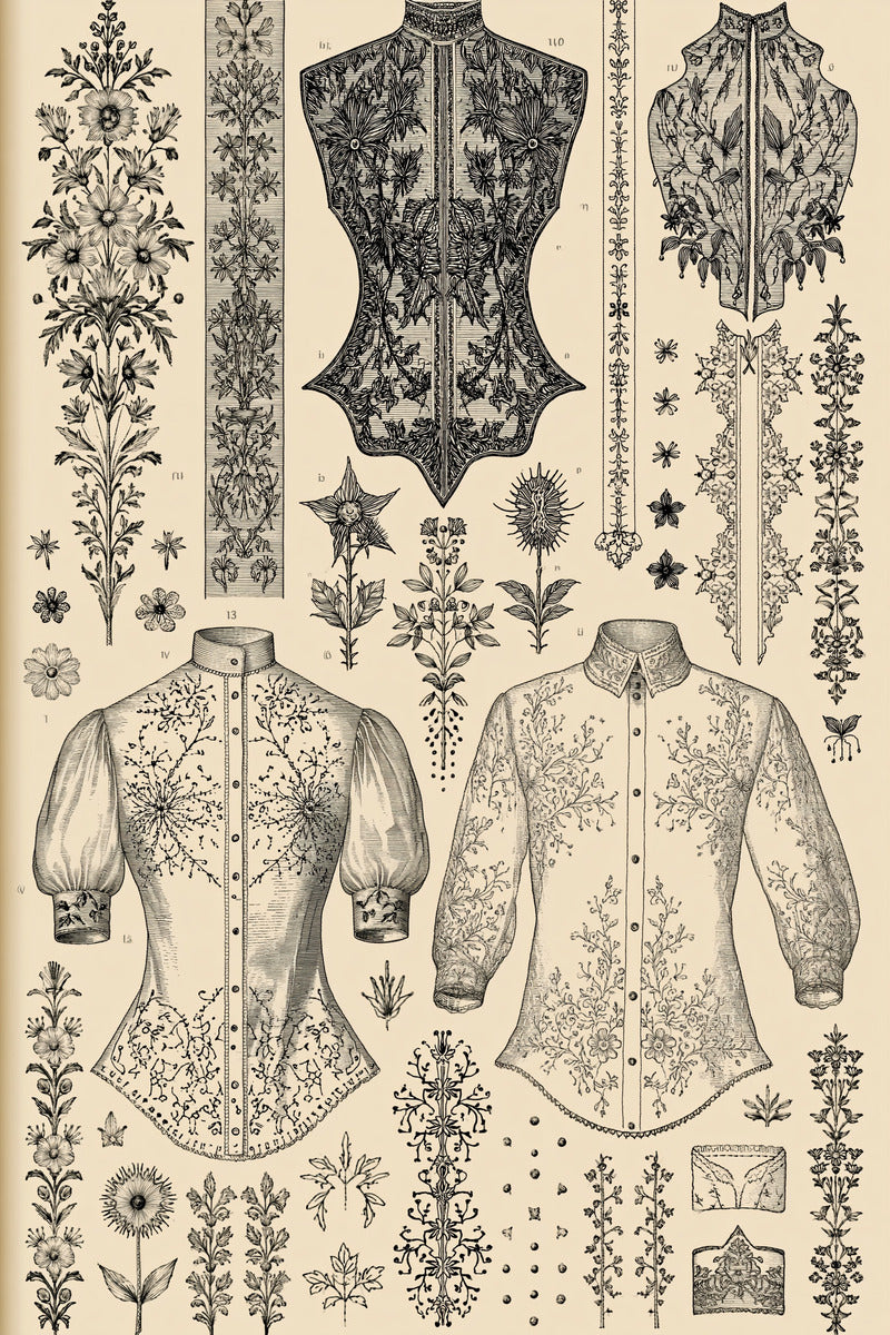 Shirt Front And Vertical Panel from Jacket Backs & Shirt Fronts Embroidery Book 3, a digital embroidery design reference for machine embroidery designs, embroidery patterns and garment placement ideas.