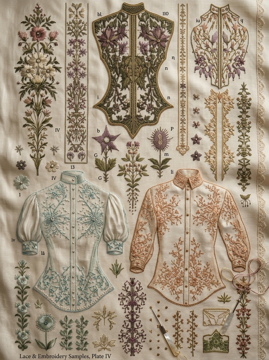 Shirt Front And Vertical Panel from Jacket Backs & Shirt Fronts Embroidery Book 3, a digital embroidery design reference for machine embroidery designs, embroidery patterns and garment placement ideas.