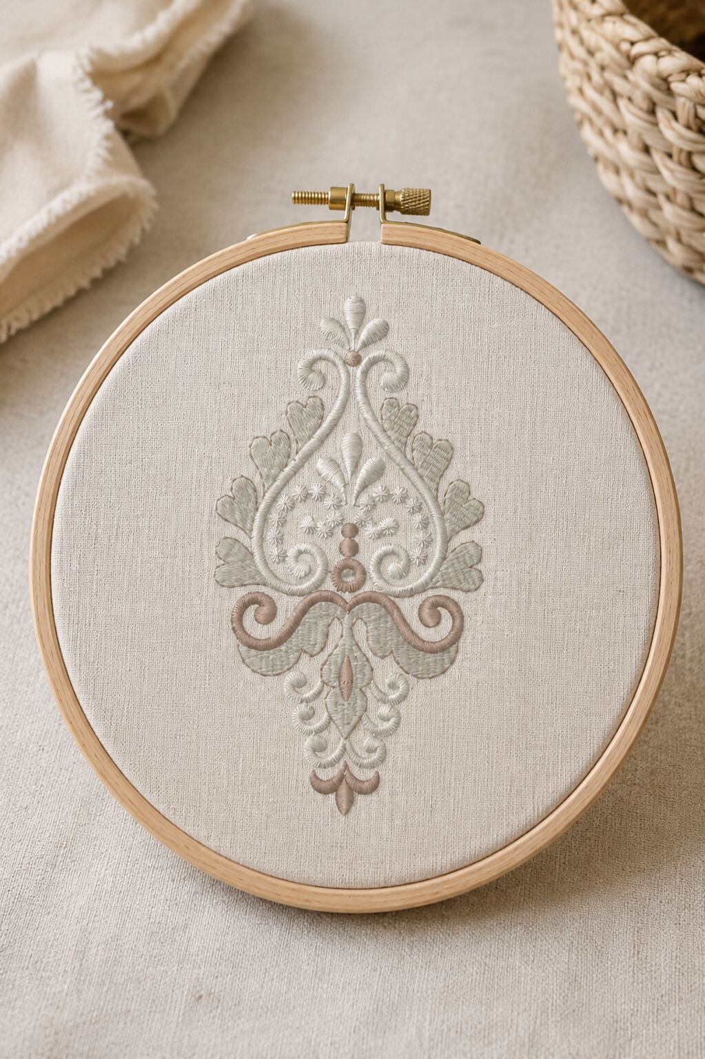 Compact silver damask machine embroidery design displayed on ivory linen in a pale beech embroidery hoop