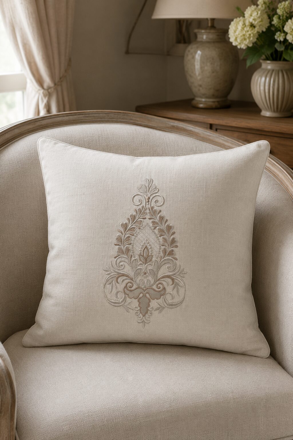 Large silver damask teardrop machine embroidery design stitched on a natural linen cushion in a neutral interior
