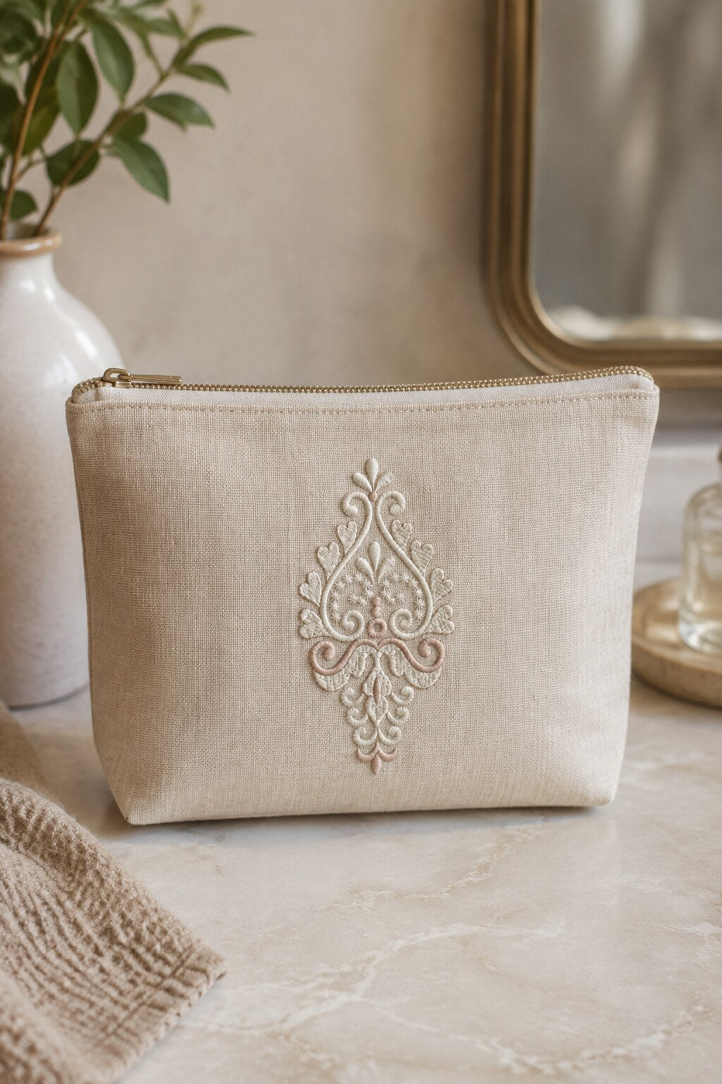 Compact taupe and ivory damask machine embroidery motif centered on a natural linen zip pouch