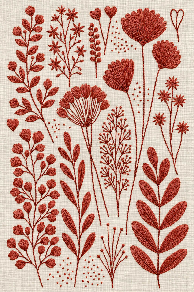 Embroidery visualization of folk flower sprays hearts and leaf library in one muted rust red matte cotton thread color on warm ivory linen.