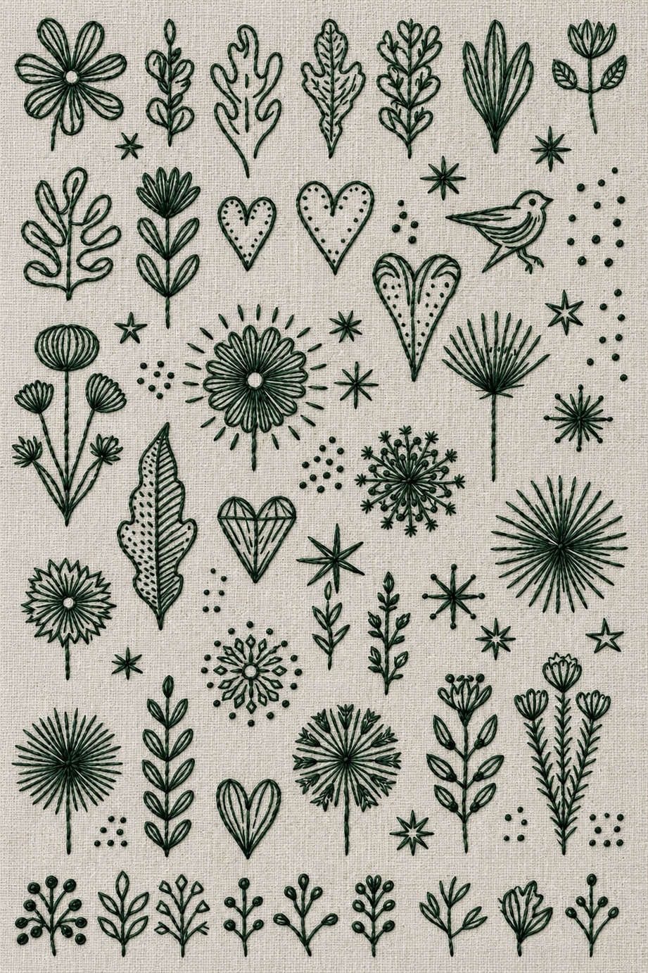 Embroidery visualization of folk flowers hearts songbird and seedheads in one deep forest green matte cotton thread color on light stone-grey linen.