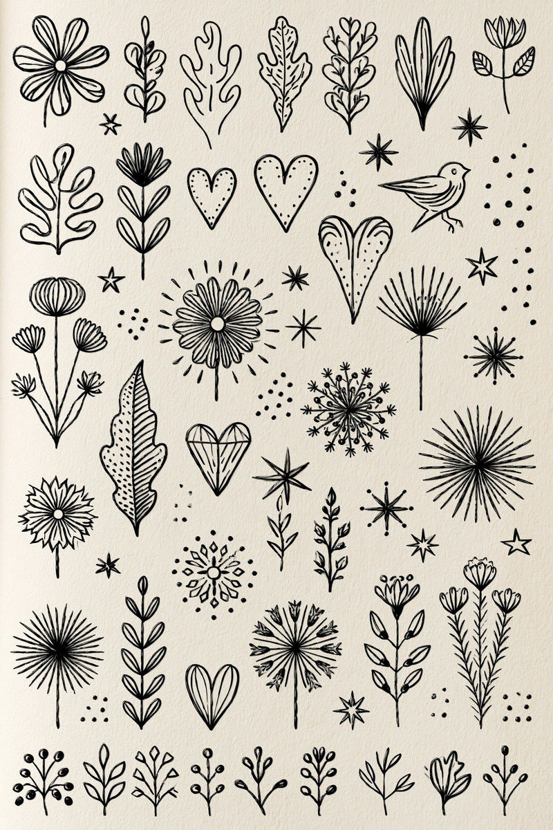 Original design plate of folk flowers hearts songbird and seedheads from Single Color Embroidery Designs Edition Four.