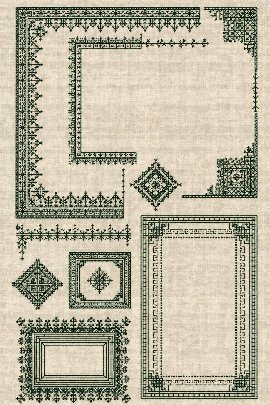 Embroidery visualization of geometric borders corners and open frames in one deep forest green matte cotton thread color on warm ivory linen.