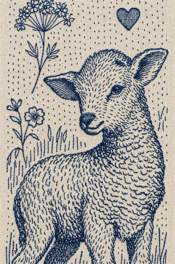Embroidery visualization of lamb portrait flower sprigs and heart in one deep ink blue matte cotton thread color on light oatmeal linen.