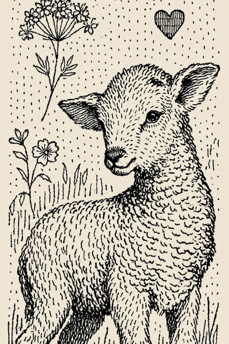 Original design plate of lamb portrait flower sprigs and heart from Single Color Embroidery Designs Edition Four.