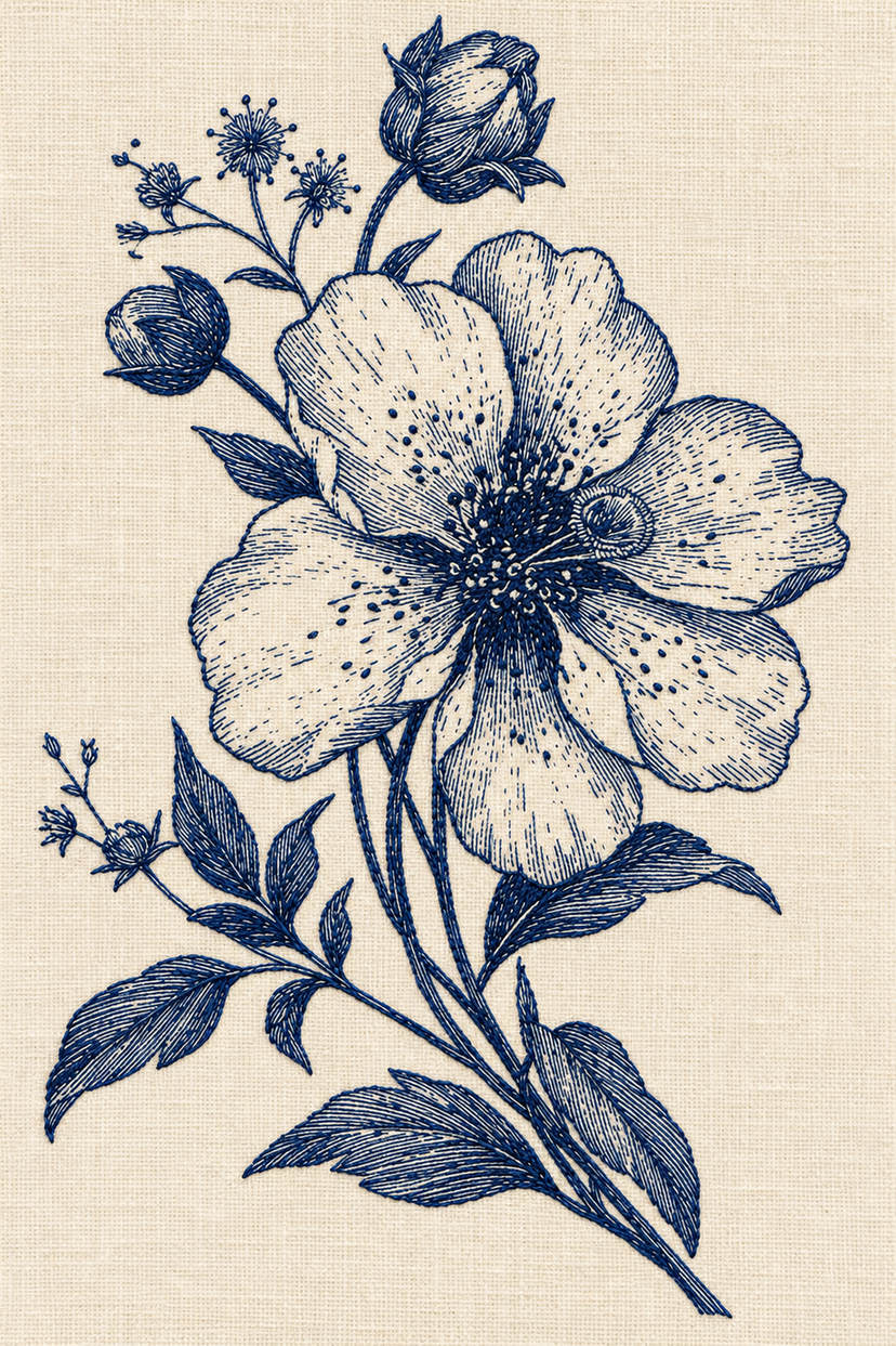 Embroidery visualization of large open flower buds and leafy branch in one deep ink blue matte cotton thread color on warm ivory linen.