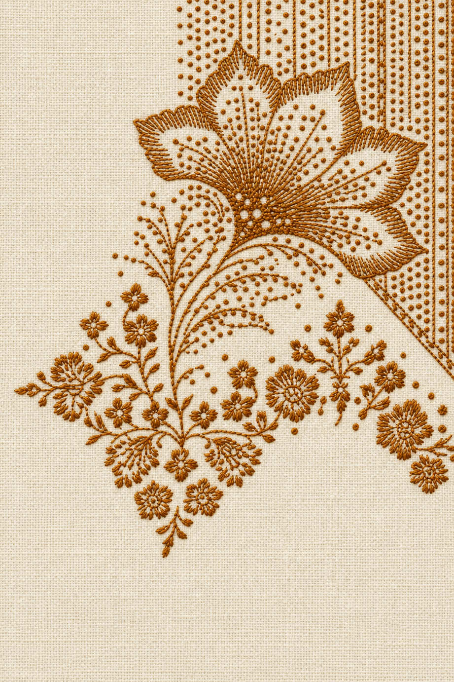 Embroidery visualization of large stylized flower and dotted corner border in one antique ochre matte cotton thread color on warm ivory linen.