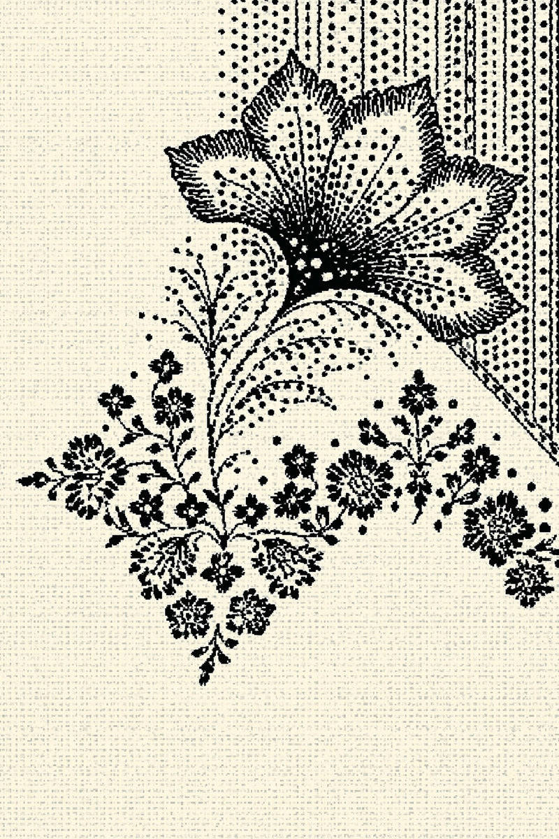 Original design plate of large stylized flower and dotted corner border from Single Color Embroidery Designs Edition Four.