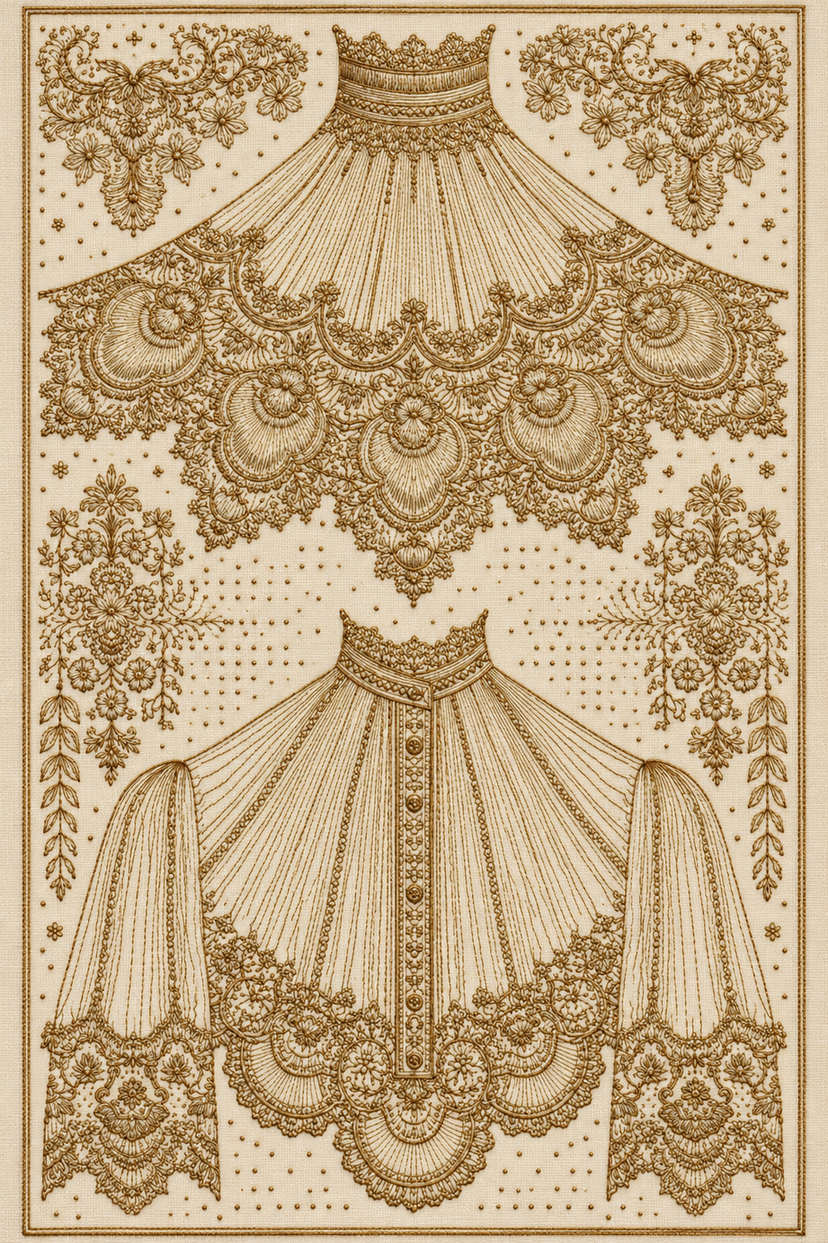 Flat embroidery illustration of an ornate collar, blouse and cuff sampler in one antique ochre matte cotton thread color on warm ivory linen.