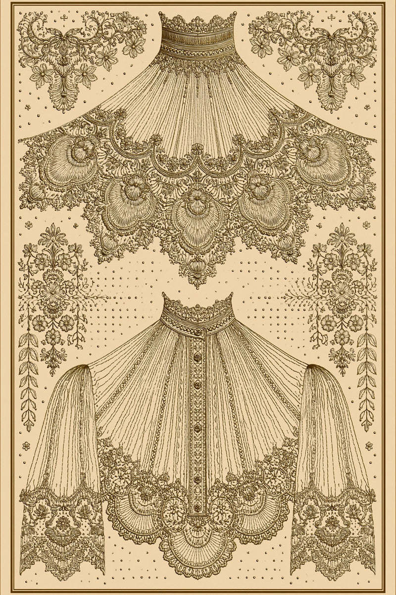Original design plate of ornate collar blouse and cuff sampler from Single Color Embroidery Designs Edition Four.