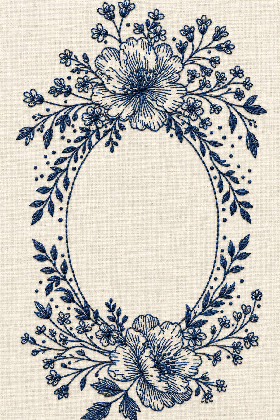 Embroidery visualization of oval floral wreath with two large blossoms in one deep ink blue matte cotton thread color on warm ivory linen.