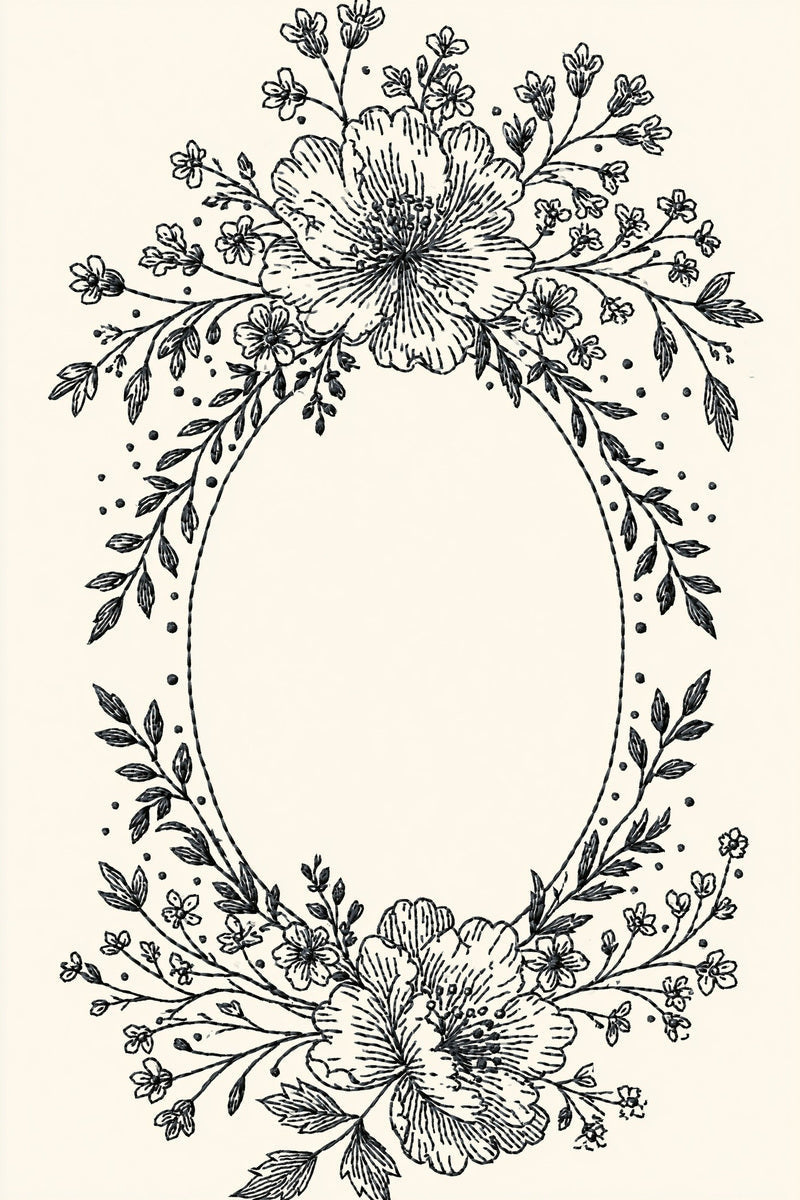 Original design plate of oval floral wreath with two large blossoms from Single Color Embroidery Designs Edition Four.